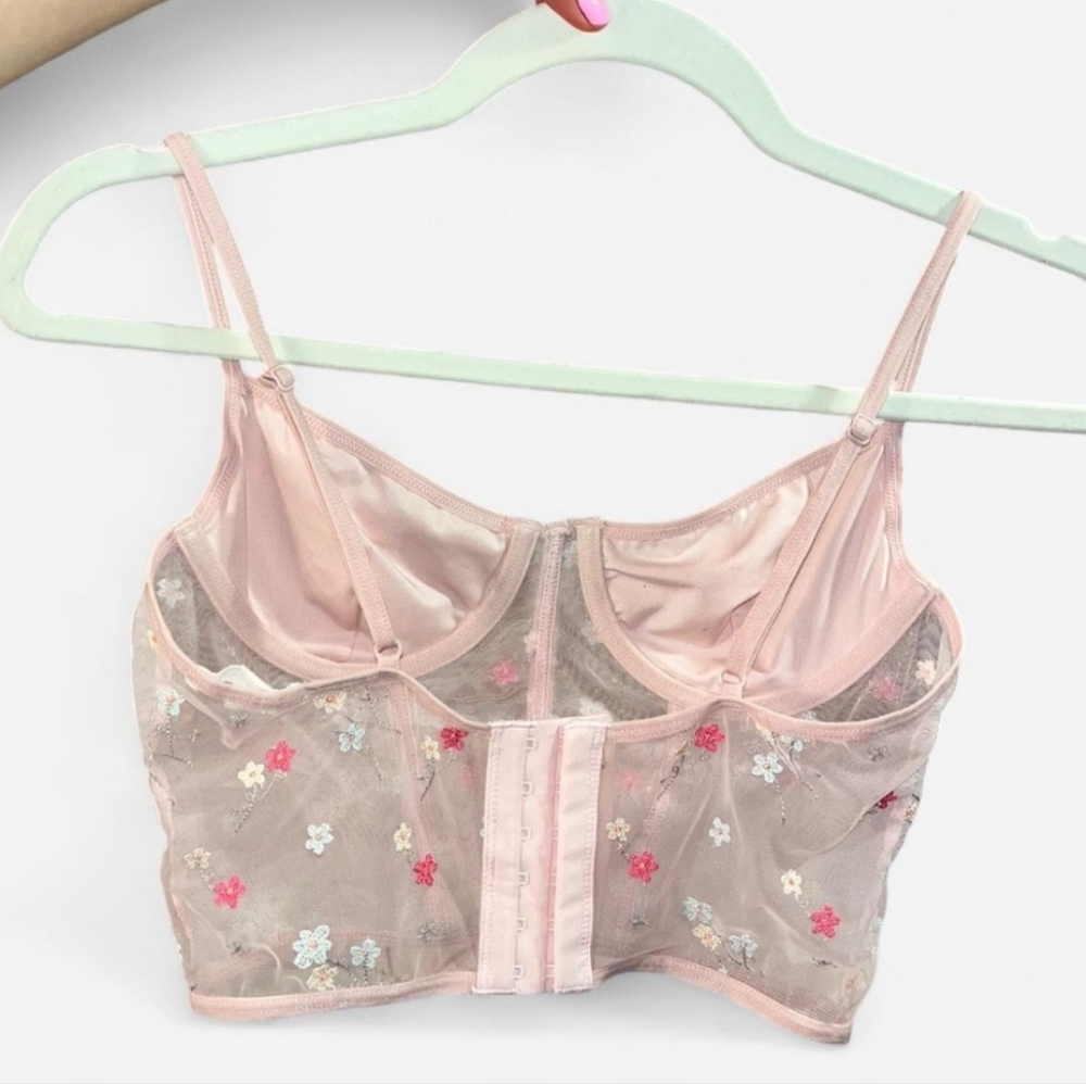 Full Tilt Blush Pink Mesh With Floral Embroidery Bustier Top With Underwires (M) - Picture 6 of 9